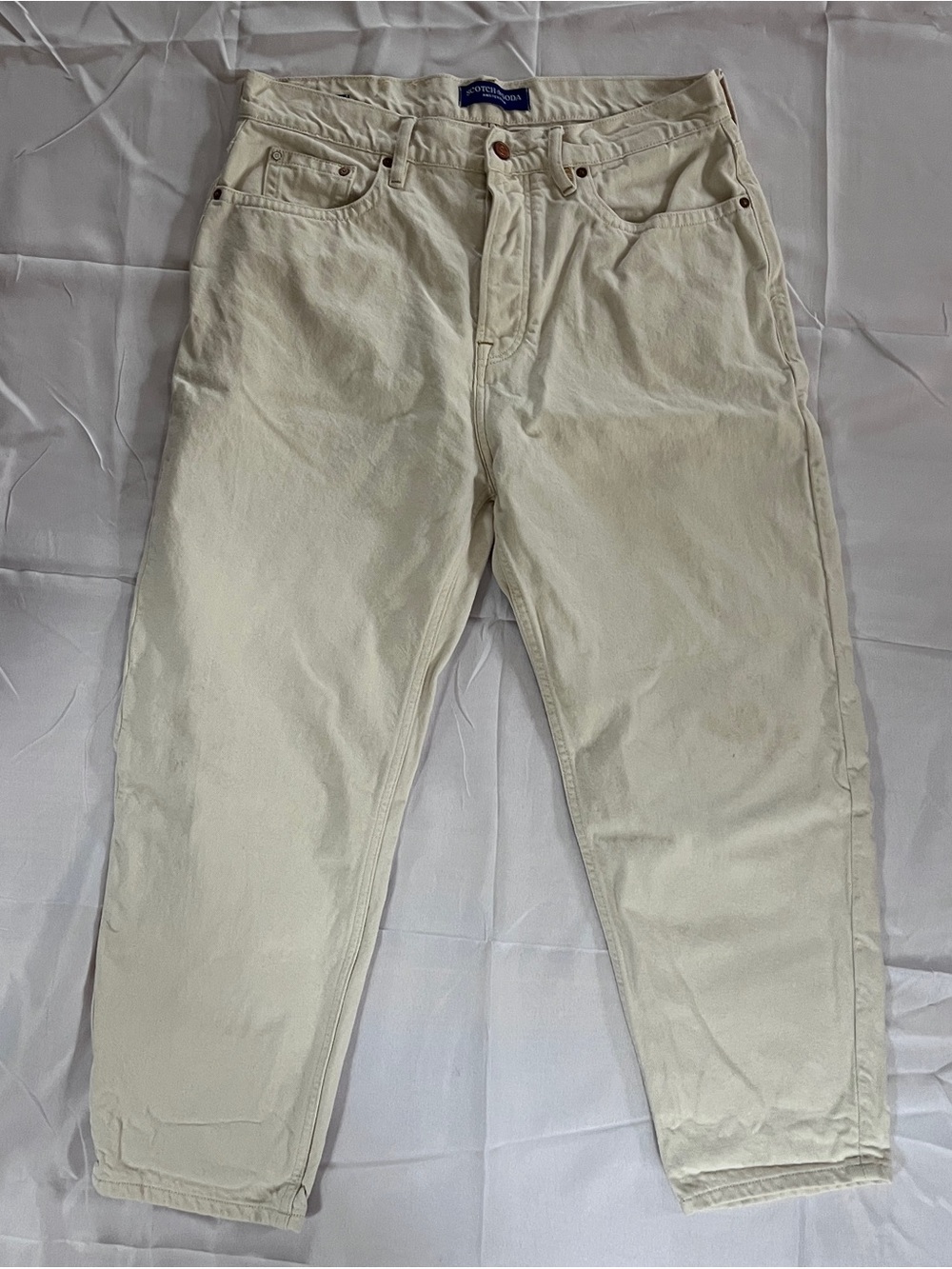 Scotch & Soda Cream Ecru Barrel Leg High Rise Cropped Strand Cotton Jeans 31/32
